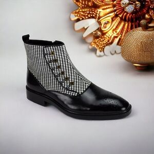 MEN'S GIOVANNI KENDRICK BLACK/TWEED LEATHER DRESS BOOT WITH WOOL FELT ACCENTS.